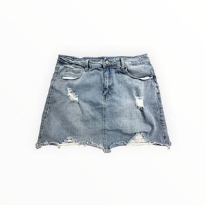 Gobles Denim Skirt Womens L Blue Distressed Mini Raw Hem Frayed‎ Ripped Stretch
